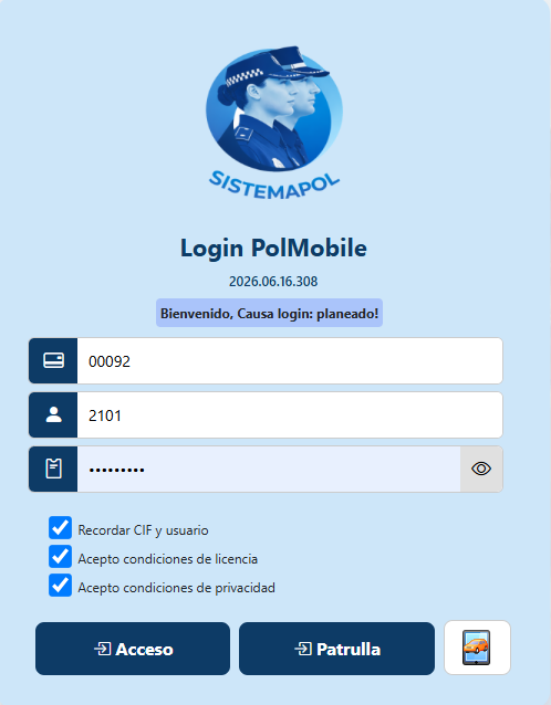 Menú de login con la opción de acceder en modo patrulla
